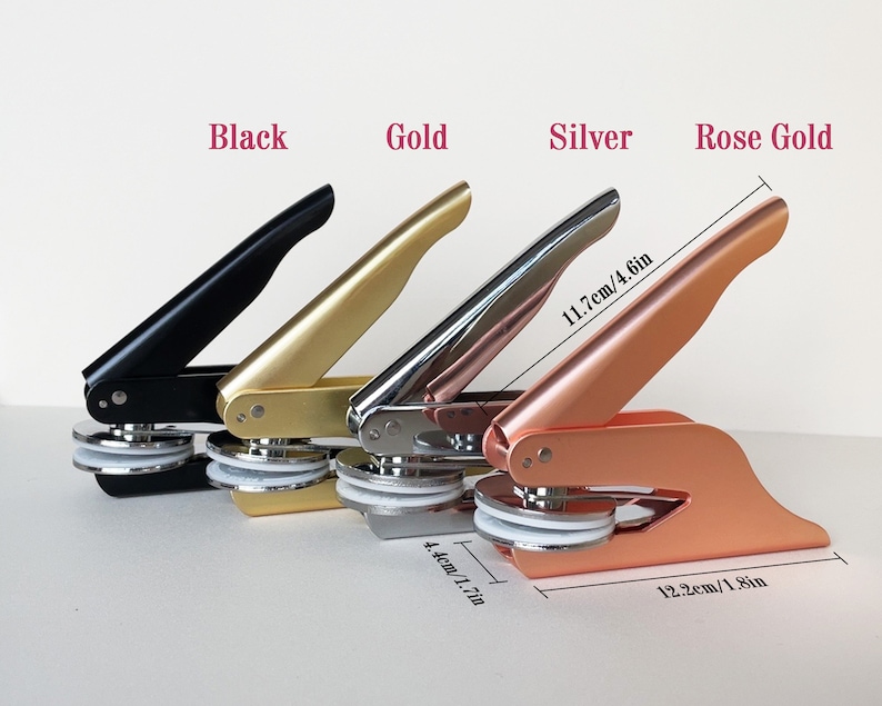 May include: Four metal seal presses in black, gold, silver, and rose gold. The rose gold press measures 4.6 inches long and 1.8 inches wide. The image includes text that reads "Black", "Gold", "Silver", and "Rose Gold".