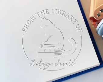 Personalized Book Embosser: Cat & Books Design, Custom Library Stamp