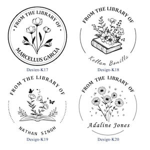 May include: Four black and white library stamps with floral designs. Each stamp is circular and features the text "FROM THE LIBRARY OF" and a name. Designs include flowers, a book, and butterflies. Design-K17, K18, K19, and K20 are shown.