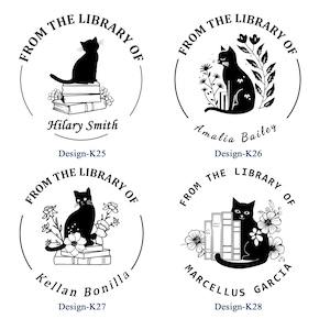 May include: Four black and white library stamps with cat illustrations. Each stamp features a cat, the phrase "From the Library of," a name, and a design code. The designs include cats on books and surrounded by flowers.