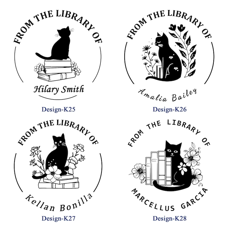 May include: Four black and white library stamps with cat illustrations. Each stamp features a cat, the phrase "From the Library of," a name, and a design code. The designs include cats on books and surrounded by flowers.
