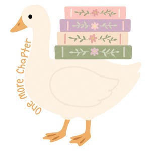 Può includere: Illustrazione di un'oca bianca che trasporta una pila di quattro libri sulla schiena. I libri sono di colori pastello con disegni floreali. Il testo "one more chapter" è scritto in arancione lungo il collo dell'oca.