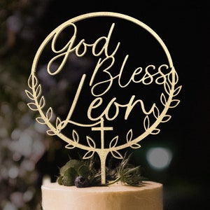 Personalized First Holy Communion Cake Topper God Bless Cake Topper for Baptism Gift Christening Cake Topper Wreath & Cross Cake Topper