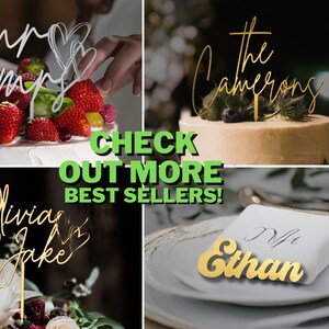K&ouml;nnte beinhalten: Vier Hochzeitstorten-Topper mit den Worten "Mr & Mrs", "The Camerons", "Olivia & Jake" und "Mr Ethan" in goldener Schrift. Die Topper befinden sich auf Torten und einem gedeckten Tisch.