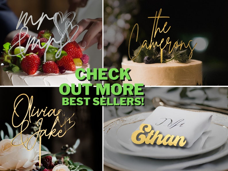 K&ouml;nnte beinhalten: Vier Hochzeitstorten-Topper mit den Worten "Mr & Mrs", "The Camerons", "Olivia & Jake" und "Mr Ethan" in goldener Schrift. Die Topper befinden sich auf Torten und einem gedeckten Tisch.