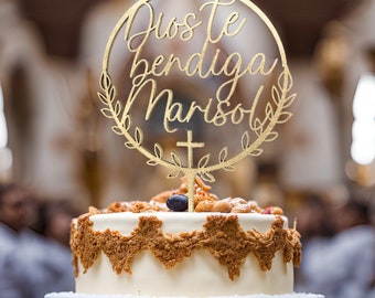 Dios Te Bendiga ケーキトッパー 洗礼ケーキトッパー パーソナライズされた God Bless ケーキトッパー 十字架 洗礼式 スペイン語ケーキトッパー 初聖体拝領