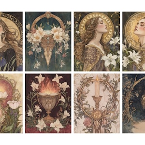 May include: A collection of eight watercolor art prints featuring mystical and ethereal imagery. The prints depict women, flowers, and ornate decorative elements in a vintage style, with a color palette of gold, cream, and deep blues.