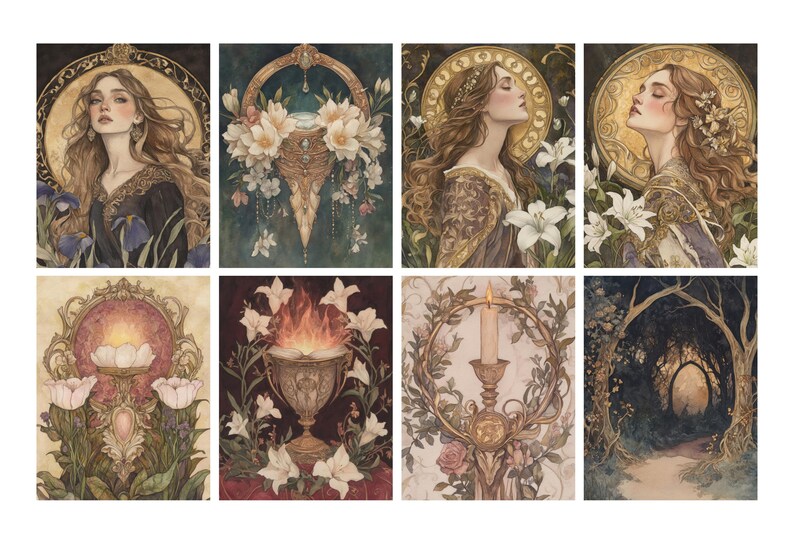 May include: A collection of eight watercolor art prints featuring mystical and ethereal imagery. The prints depict women, flowers, and ornate decorative elements in a vintage style, with a color palette of gold, cream, and deep blues.