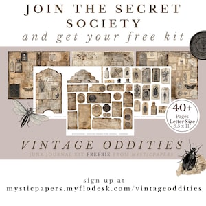 May include: A promotional image for a vintage junk journal kit. The image features various ephemera, including tags, labels, and illustrations of insects and bottles. Text includes "Join the Secret Society" and "Vintage Oddities". The kit includes 40+ pages, letter size 8.5 x 11 inches.