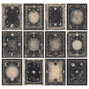 May include: A collection of twelve celestial-themed stationery sheets. Each sheet features a dark background with ornate borders, moons, stars, and suns. The central area of each sheet is designed for writing, with a variety of celestial illustrations.