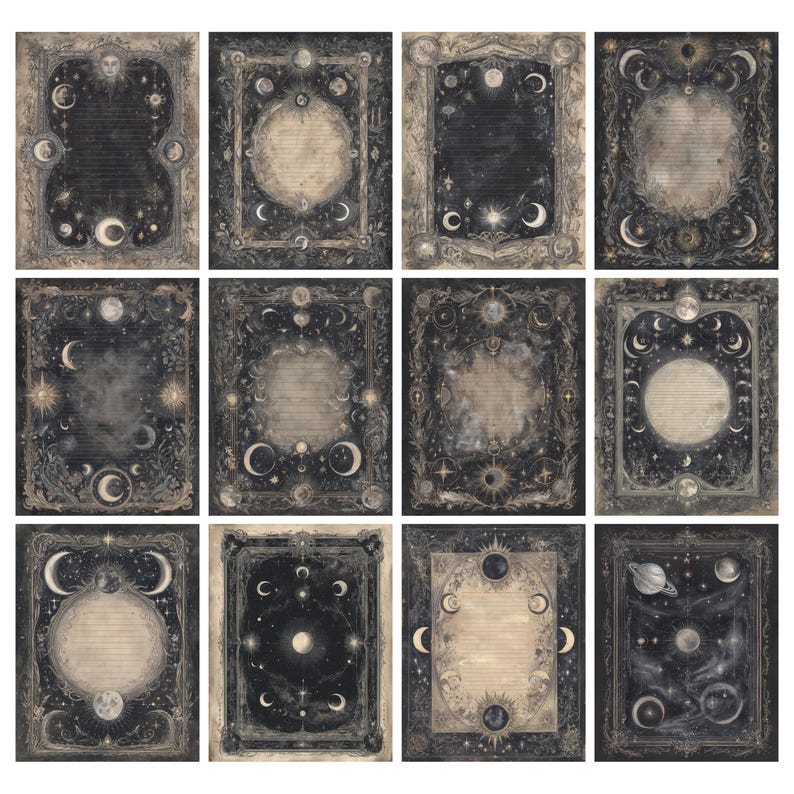 May include: A collection of twelve celestial-themed stationery sheets. Each sheet features a dark background with ornate borders, moons, stars, and suns. The central area of each sheet is designed for writing, with a variety of celestial illustrations.