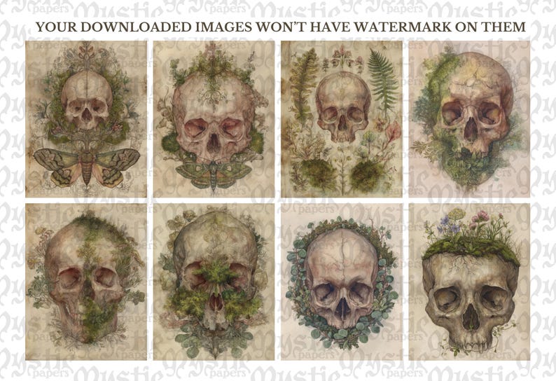 Botanical Skull Paper Grunge Distressed Botanical Anatomy Digital Papers Forest Gothic Dark Botanical Art Junk Journal Pages Ephemera image 2