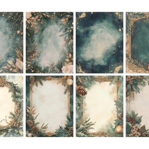 Pu&ograve; includere: Otto design ad acquerello dall'estetica vintage. Ogni design ha uno sfondo diverso, tra cui un cielo nuvoloso, composizioni floreali e cornici ornate. La tavolozza dei colori comprende sfumature di verde, oro e crema, evocando un'atmosfera classica ed elegante.