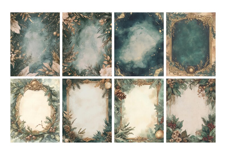 Pu&ograve; includere: Otto design ad acquerello dall'estetica vintage. Ogni design ha uno sfondo diverso, tra cui un cielo nuvoloso, composizioni floreali e cornici ornate. La tavolozza dei colori comprende sfumature di verde, oro e crema, evocando un'atmosfera classica ed elegante.