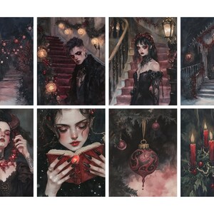 May include: A collection of eight gothic-themed art prints. The images feature dark, atmospheric scenes with figures in black attire, adorned with red accents, and holiday decorations. The artwork evokes a sense of mystery and the macabre.