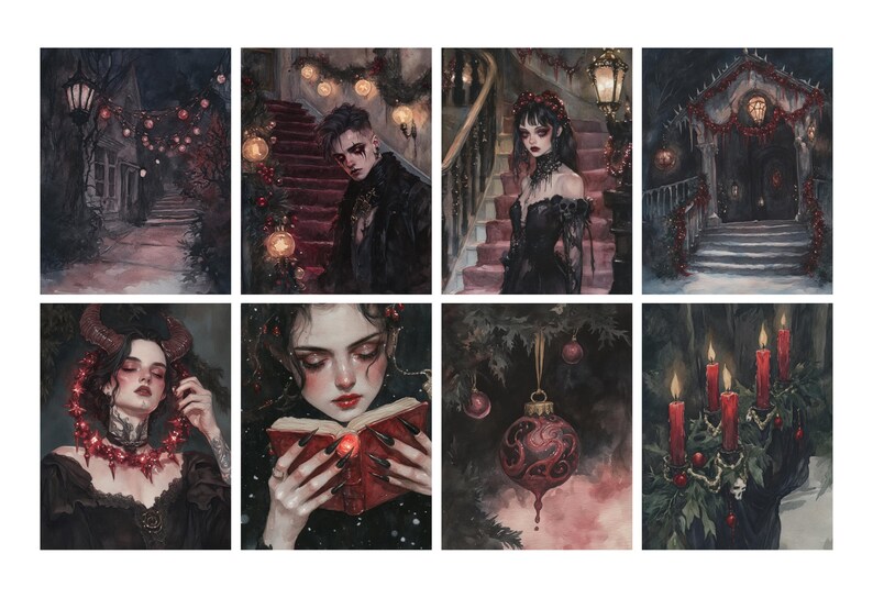 May include: A collection of eight gothic-themed art prints. The images feature dark, atmospheric scenes with figures in black attire, adorned with red accents, and holiday decorations. The artwork evokes a sense of mystery and the macabre.