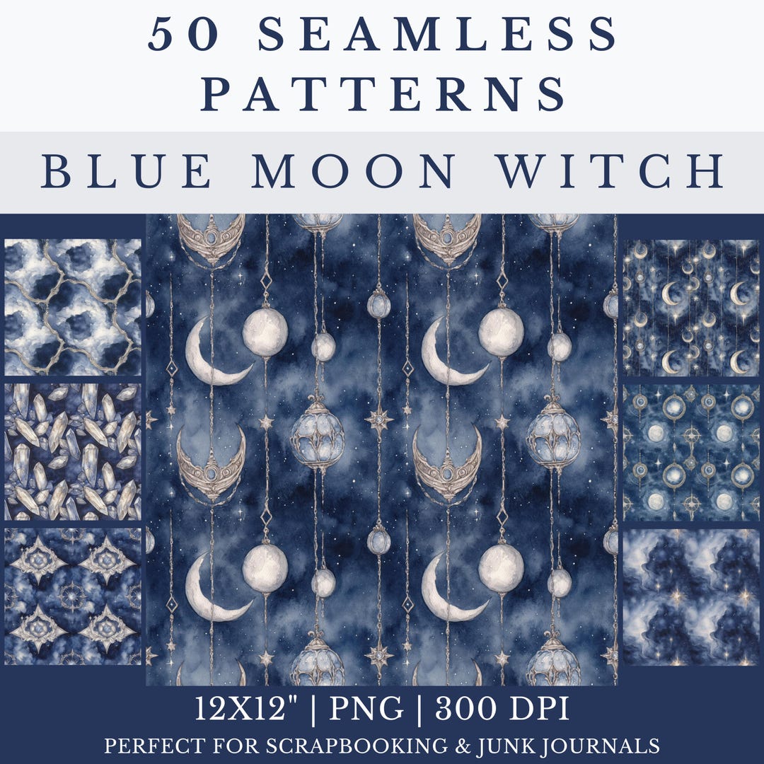 Blue Celestial Seamless Pattern Bundle, Lunar Moon Witchy Digital Paper ...
