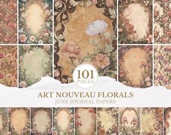 May include: A collection of Art Nouveau floral junk journal papers. The papers feature various designs with floral patterns, decorative frames, and a color palette of soft pinks, greens, and browns. The image includes the text "101 PAGES" and "ART NOUVEAU FLORALS JUNK JOURNAL PAPERS."