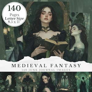 Images vertes du journal indésirable Médiéval-fantastique, arrière-plans mystiques du Moyen-Âge celtique, pages de conte de fées, feuilles de collage botanique d'albums d'art