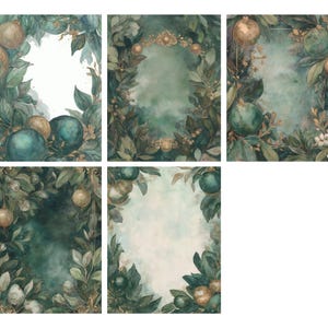 Pu&ograve; includere: Illustrazioni ad acquerello con elementi botanici e ornamenti nei toni del verde, oro e verde acqua. I disegni includono cornici con foglie, bacche e decorazioni, perfette per l'arte digitale o progetti di stampa.