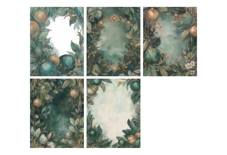 Pu&ograve; includere: Illustrazioni ad acquerello con elementi botanici e ornamenti nei toni del verde, oro e verde acqua. I disegni includono cornici con foglie, bacche e decorazioni, perfette per l'arte digitale o progetti di stampa.