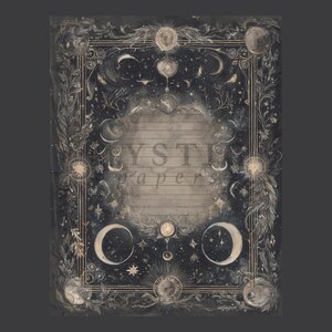 May include: A celestial-themed paper with a dark background and intricate illustrations. The design features moons, stars, and suns, with the text "YSTIE papers" in the center. The border is adorned with floral and celestial elements.
