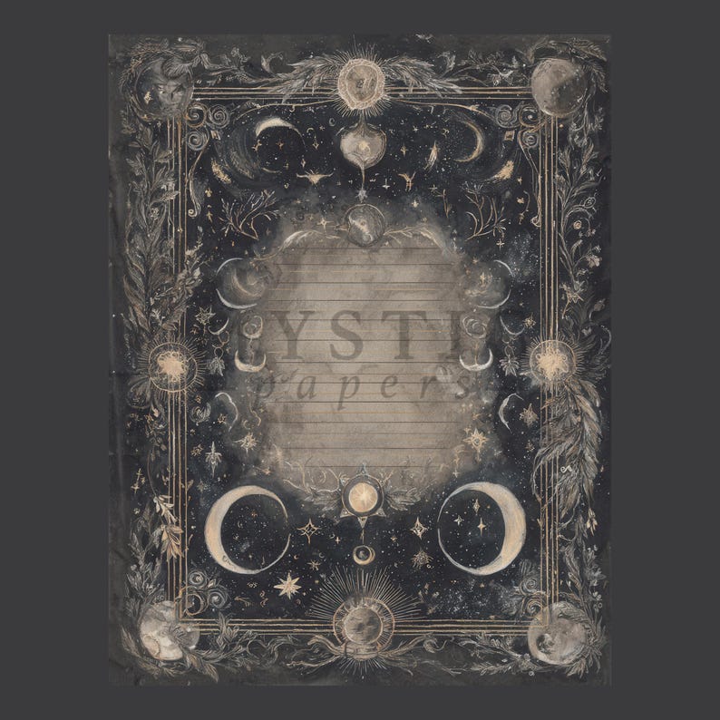 May include: A celestial-themed paper with a dark background and intricate illustrations. The design features moons, stars, and suns, with the text "YSTIE papers" in the center. The border is adorned with floral and celestial elements.