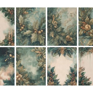 Pu&ograve; includere: Una collezione di otto illustrazioni ad acquerello con un'estetica vintage. Ognuna presenta uno spazio centrale vuoto incorniciato da elementi botanici come agrifoglio, bacche e fogliame in tonalit&agrave; di verde, oro e marrone. Alcune includono note musicali e una chiave di violino.