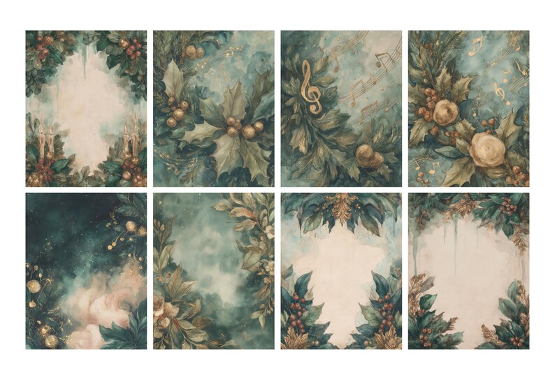 Pu&ograve; includere: Una collezione di otto illustrazioni ad acquerello con un'estetica vintage. Ognuna presenta uno spazio centrale vuoto incorniciato da elementi botanici come agrifoglio, bacche e fogliame in tonalit&agrave; di verde, oro e marrone. Alcune includono note musicali e una chiave di violino.