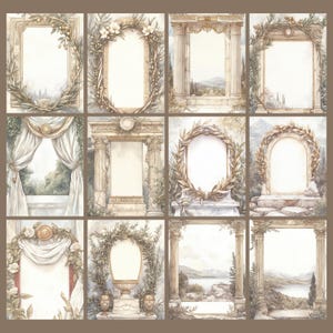 May include: A collection of twelve watercolor illustrations featuring ornate frames and architectural elements. The frames are decorated with laurel wreaths, flowers, and classical columns, with a neutral color palette of beige, cream, and green.