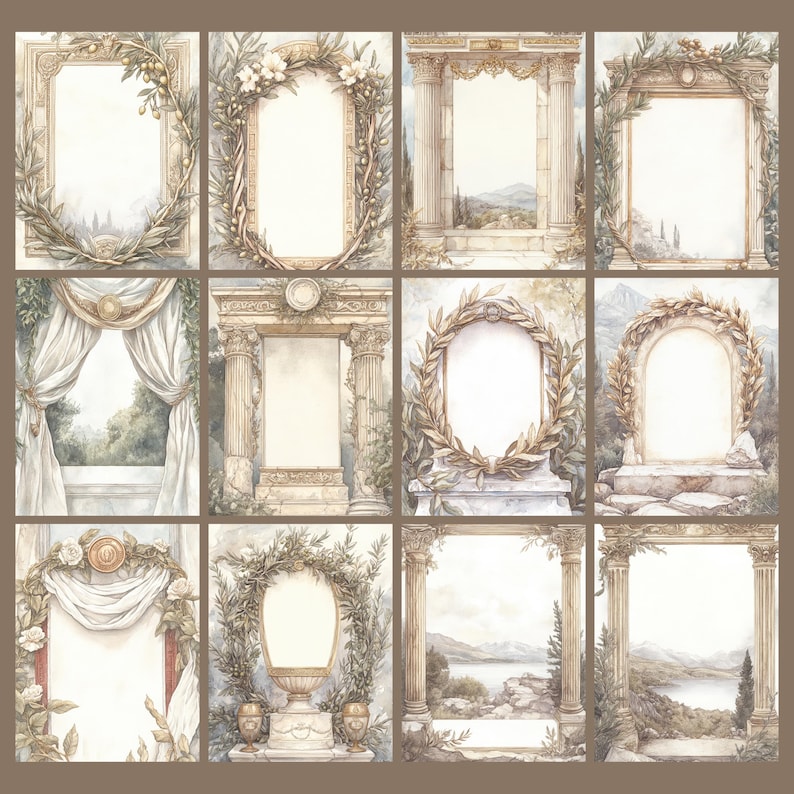 May include: A collection of twelve watercolor illustrations featuring ornate frames and architectural elements. The frames are decorated with laurel wreaths, flowers, and classical columns, with a neutral color palette of beige, cream, and green.