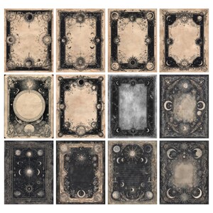 May include: A collection of twelve vintage-style celestial art prints. Each print features a detailed black and white illustration of moons, stars, and suns within ornate frames. The backgrounds have a sepia tone, giving them an aged appearance. The prints are suitable for wall decor.
