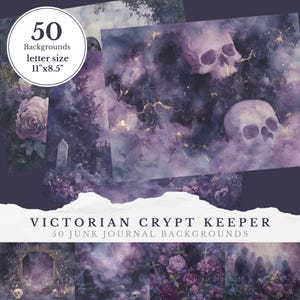 Könnte beinhalten: Eine Sammlung von 50 Victorian Crypt Keeper Junk Journal Hintergründen. Die Hintergründe zeigen ein gotisches Thema mit Totenköpfen, Rosen und einer Friedhofsszene. Die Hintergründe sind im Letter-Format, 27,9 cm x 21,6 cm, mit einem lila-goldenen Farbschema.