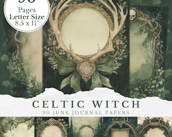 Celtic Witch Junk Journal Papers, Pagan Grimoire Printable Pages, Dark Green Witchy Scrapbook Backgrounds