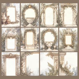 May include: A collection of twelve watercolor illustrations featuring classical architectural elements. Each design includes ornate frames, vases, and laurel wreaths in muted tones of beige, green, and brown, evoking a vintage aesthetic. Ideal for digital art or print.