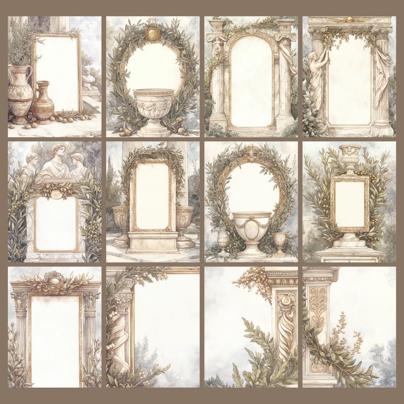 May include: A collection of twelve watercolor illustrations featuring classical architectural elements. Each design includes ornate frames, vases, and laurel wreaths in muted tones of beige, green, and brown, evoking a vintage aesthetic. Ideal for digital art or print.