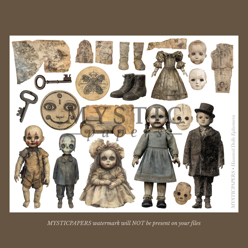 May include: A collage of vintage ephemera featuring antique dolls, keys, boots, and a dress. The color palette is muted with sepia tones, creating a gothic or haunted aesthetic. The text "MYSTICPAPERS Haunted Dolls Ephemera" is visible.