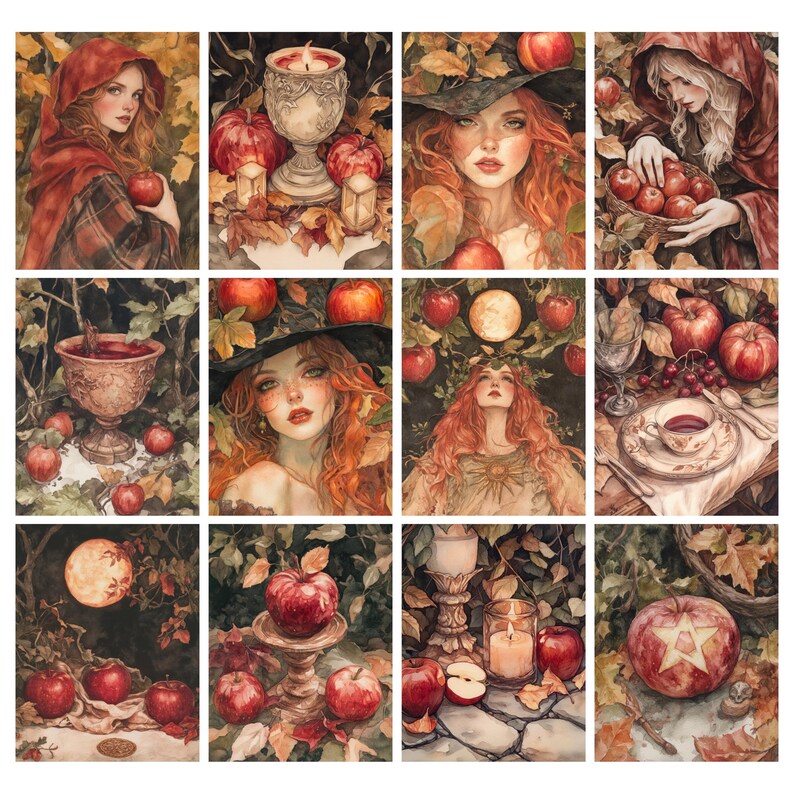 May include: A collection of watercolor art prints featuring women with red hair, apples, and autumnal themes. The artwork includes portraits, still lifes with candles, and scenes with moons and foliage. The color palette is dominated by reds, oranges, and greens.