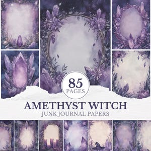 May include: Digital junk journal papers with a mystical theme. The designs feature watercolour illustrations of amethyst crystals, floral arrangements, and a witchy aesthetic. The text reads "Amethyst Witch Junk Journal Papers" and "85 Pages".