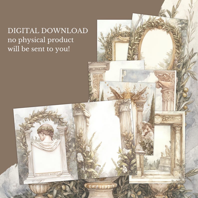 May include: A collection of digital download art prints featuring classical architectural elements. The prints showcase columns, arches, and statues, with a soft watercolor style and a muted color palette of beige, green, and gray. The text "DIGITAL DOWNLOAD" is visible.