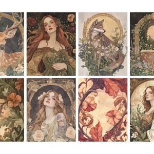 May include: A collection of eight watercolor art prints featuring fantasy and nature themes. The prints depict a deer, a woman, a fox, an archway, floral patterns, and portraits of women, all within ornate frames and a soft color palette.