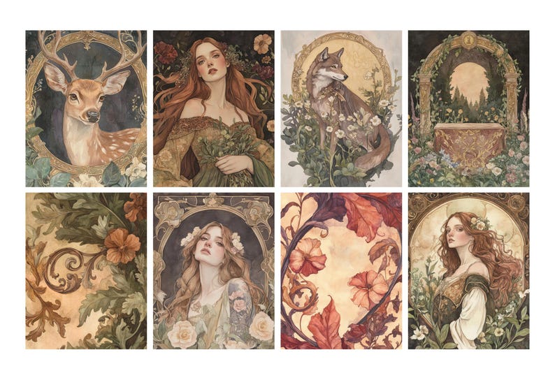May include: A collection of eight watercolor art prints featuring fantasy and nature themes. The prints depict a deer, a woman, a fox, an archway, floral patterns, and portraits of women, all within ornate frames and a soft color palette.