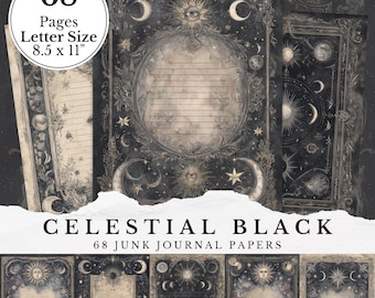 Witchy Writing Pages, Black Celestial Junk Journal Filler Pages, Mystical Esoteric Blank Lined Paper, Printable Grimoire Pages with Border