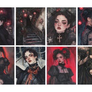 May include: A collection of eight gothic-themed art prints. Each print features a portrait of a person with pale skin, dark hair, and dramatic makeup, wearing black clothing. The backgrounds include skulls, staircases, and red accents, creating a dark and mysterious aesthetic.