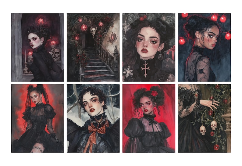 May include: A collection of eight gothic-themed art prints. Each print features a portrait of a person with pale skin, dark hair, and dramatic makeup, wearing black clothing. The backgrounds include skulls, staircases, and red accents, creating a dark and mysterious aesthetic.