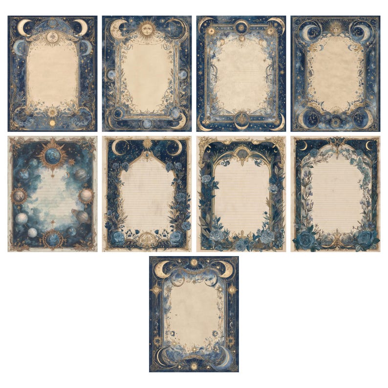 May include: A collection of celestial-themed stationery featuring ornate frames with moons, stars, and suns. The designs incorporate shades of blue, gold, and cream, with some pages lined and others blank. The overall aesthetic is vintage and mystical.