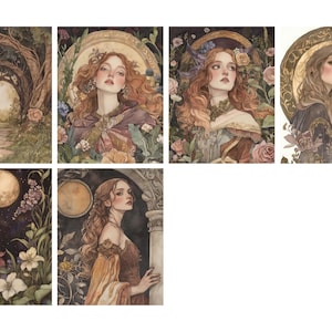 May include: A collection of watercolor art prints featuring fantasy themes. The images depict women with long hair, flowers, and nature scenes. One print shows a woman with a wolf. The color palette includes soft greens, browns, and purples.