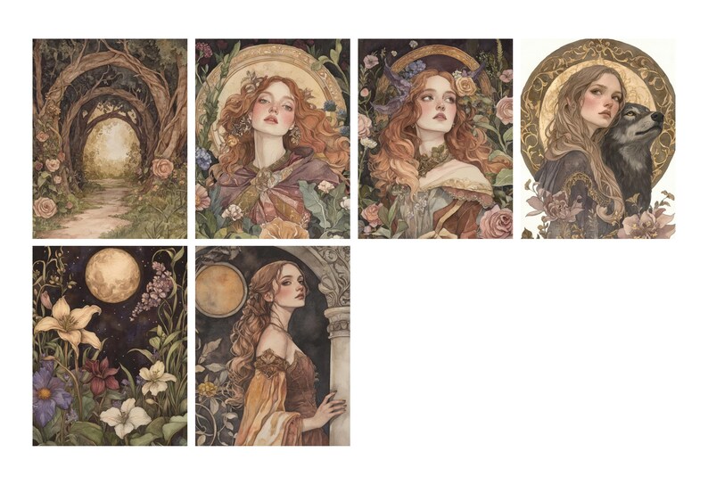 May include: A collection of watercolor art prints featuring fantasy themes. The images depict women with long hair, flowers, and nature scenes. One print shows a woman with a wolf. The color palette includes soft greens, browns, and purples.