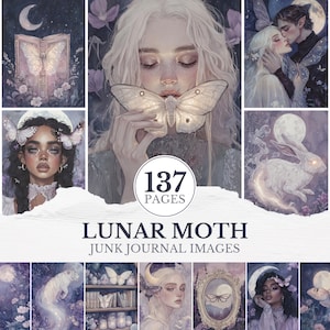Puede incluir: Una colección de impresiones de arte digital con el tema de la polilla lunar. Las imágenes muestran retratos etéreos, polillas, lunas y elementos de fantasía en tonos morados y blancos. También se ve el texto "Lunar Moth Junk Journal Images".
