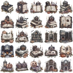 May include: A collection of watercolour illustrations featuring Halloween imagery. The images depict stacks of books, pumpkins, candles, and skulls. The style is vintage and spooky, with open books, bats, and gothic architecture. The colour palette includes orange, brown, and grey.
